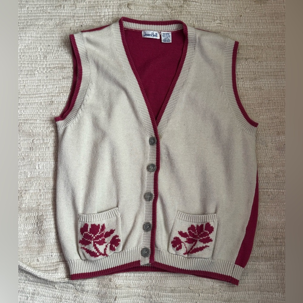 Vintage 90s JEAN BELL Sweater Vest Cream Pink Floral Embroidered Pockets Large